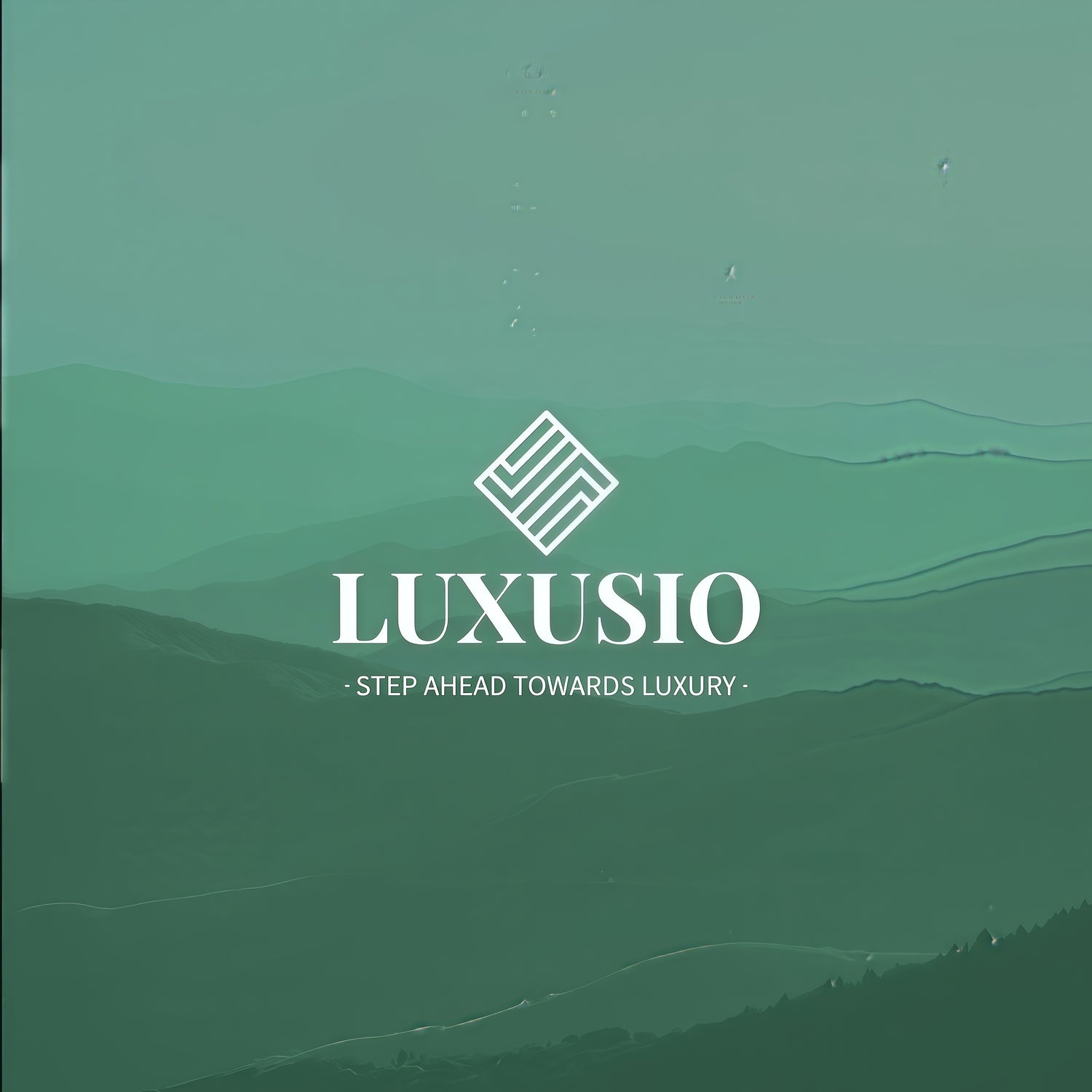 Luxury headwear collection branded with Luxusio logo and tagline on a green mountain background