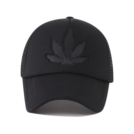 Black premium maple leaf trucker hat by LUXUSIO with embroidered mesh back and curved brim
