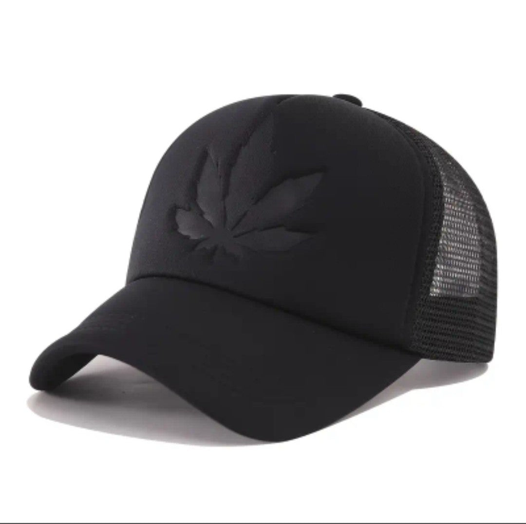 Black LUXUSIO premium maple leaf trucker hat with mesh back and curved brim