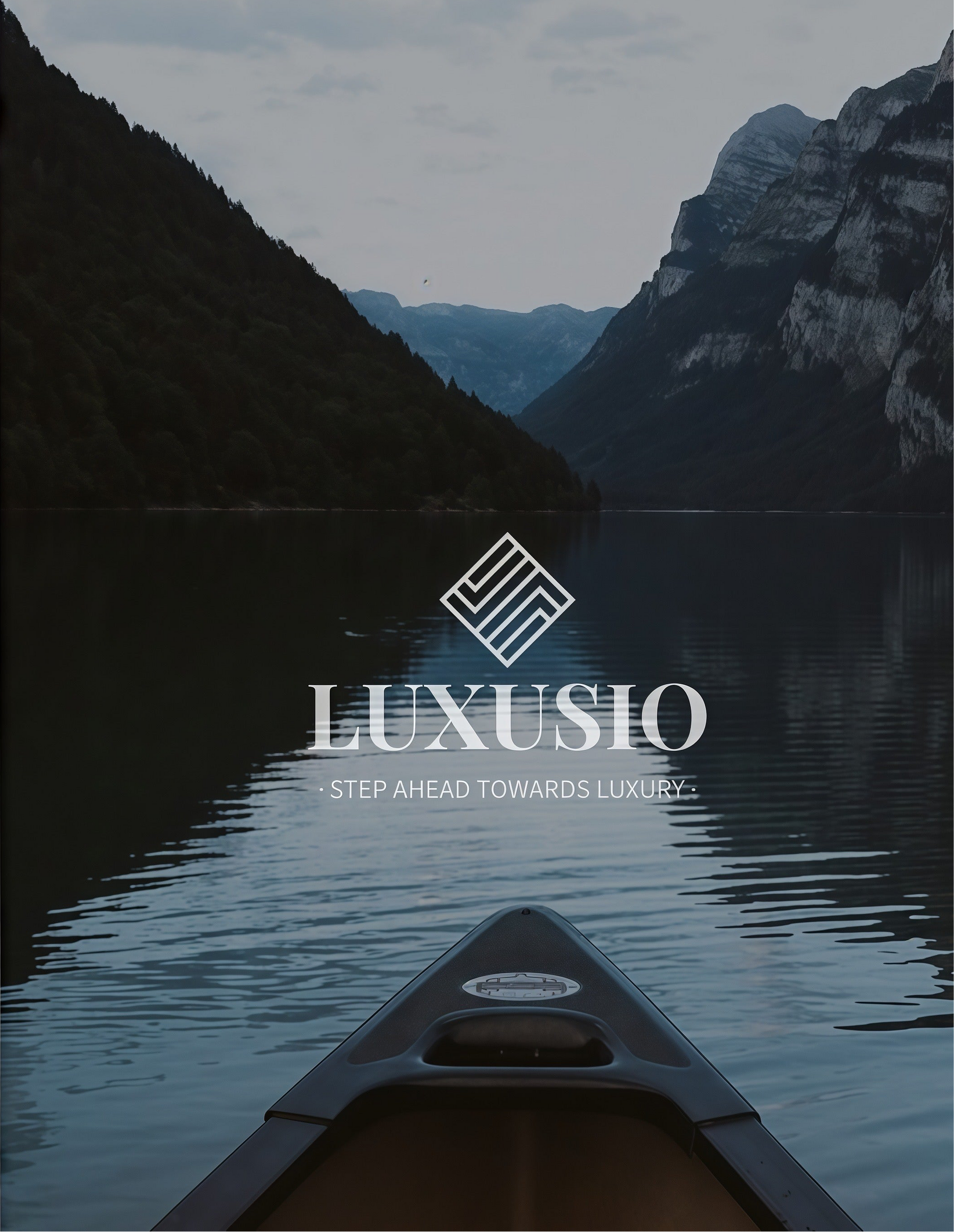 LUXUSIO logo with mountain lake background highlighting premium maple leaf trucker hat brand